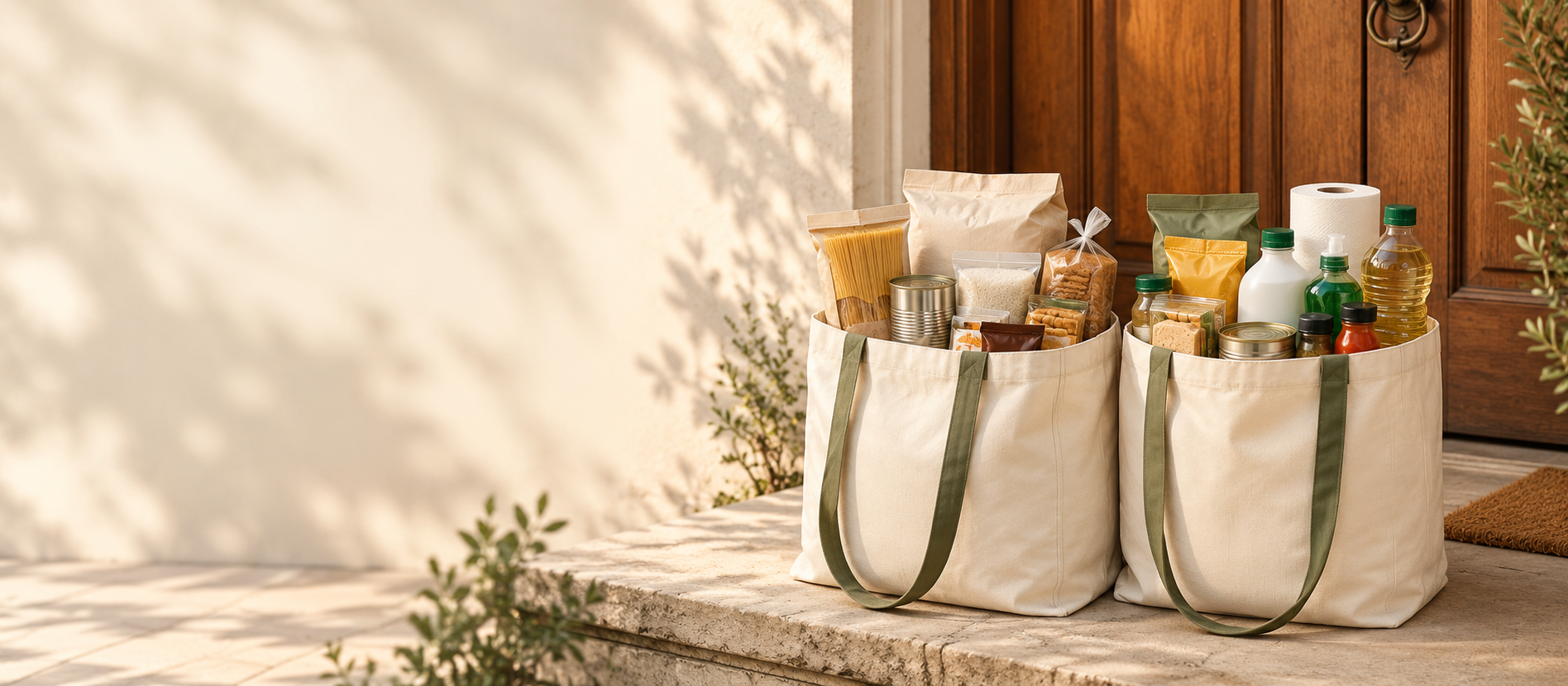 Bolsas reutilizables con compras junto a la entrada de un hogar